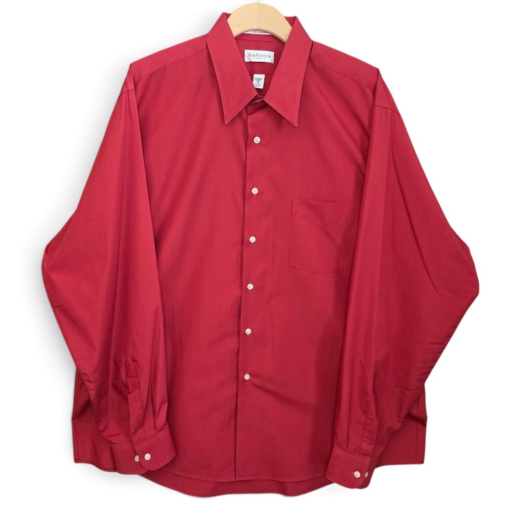 Van Heusen Mens Dress Shirt 18 36/37 Red Wrinkle Free Long Sleeve Point Collar